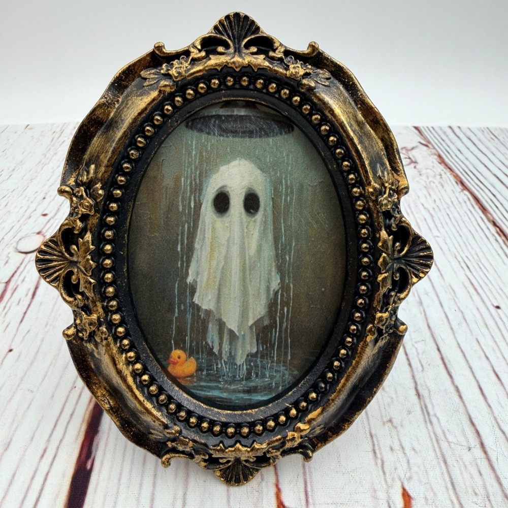 Handmade Ghost Art Print Decoupaged Resin Frame Gothic Whimsical Decor